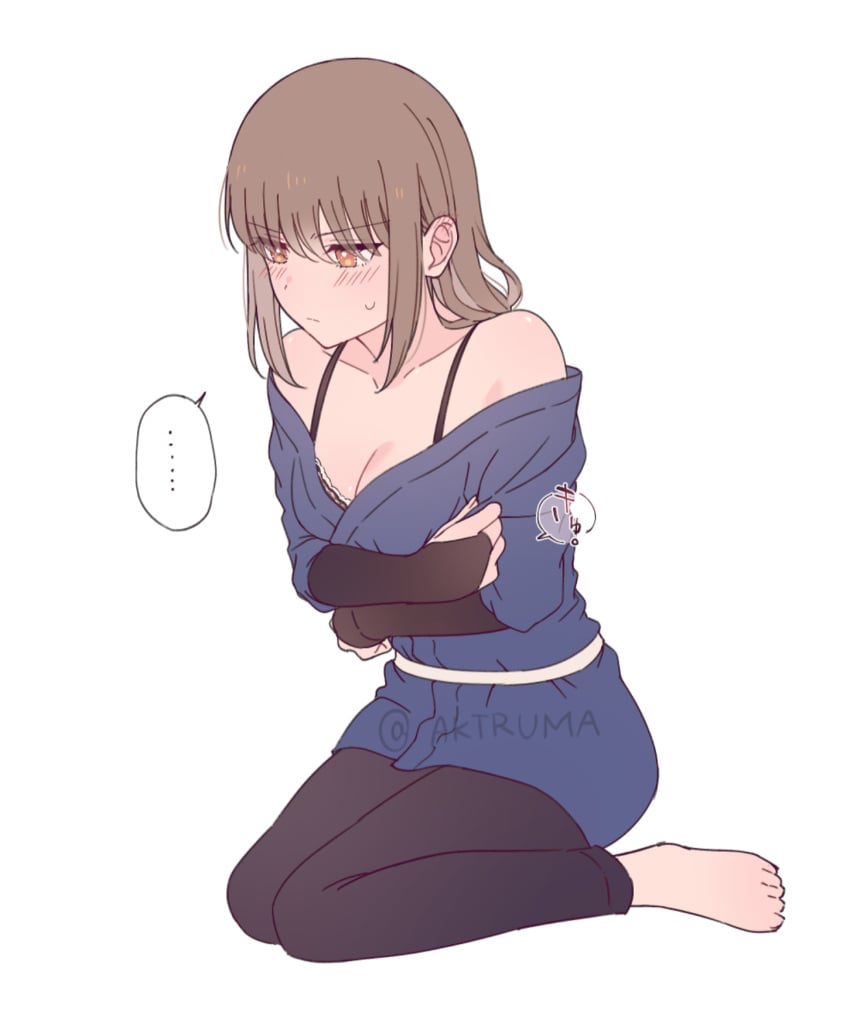 aktruma barefoot blush bra bra_cups_sticking_out brown_eyes brown_hair cleavage crossed_arms embarrassed female female_only full_body gintama japanese_clothes kimono light_brown_hair mutsu_(gintama) off_shoulder shy small_breasts solo sweatdrop wariza