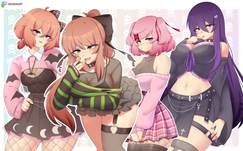 1girls 4girls absurd_res breasts doki_doki_literature_club english_text female female_only goth goth_girl hi_res large_breasts leaning_forward light-skinned_female light_skin looking_at_viewer midriff monika_(doki_doki_literature_club) multiple_girls natsuki_(doki_doki_literature_club) raionart sayori_(doki_doki_literature_club) skirt solo text thighhighs thighs yuri_(doki_doki_literature_club)