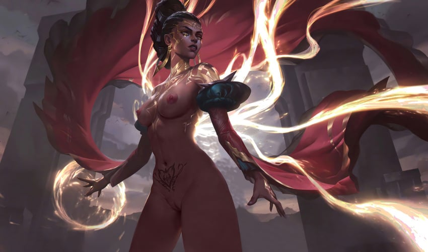 1girls ai_generated black_body black_hair edit league_of_legends mel_medarda nipples noxus_tattoo nude official_art pubic_tattoo short_hair tattoo vagina