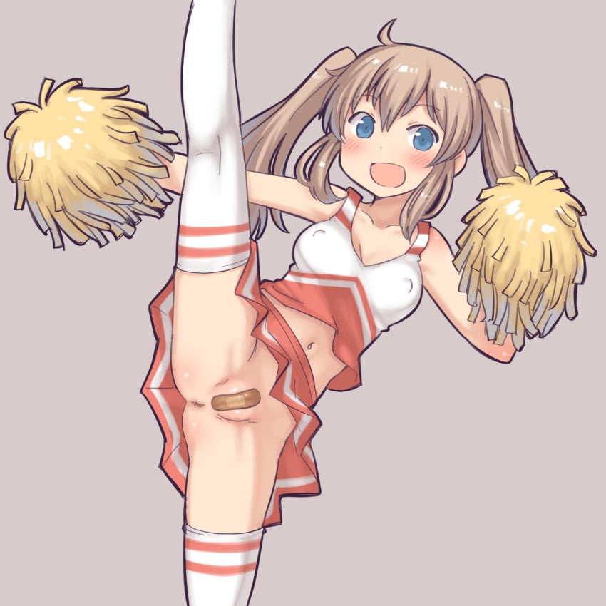 1girls anus bandaid bandaid_on_pussy blue_eyes cameltoe cheerleader erect_nipples leg_lift leg_up maebari no_panties no_panties_under_skirt nopan pom_poms rakugakio splits stockings thighhighs twintails