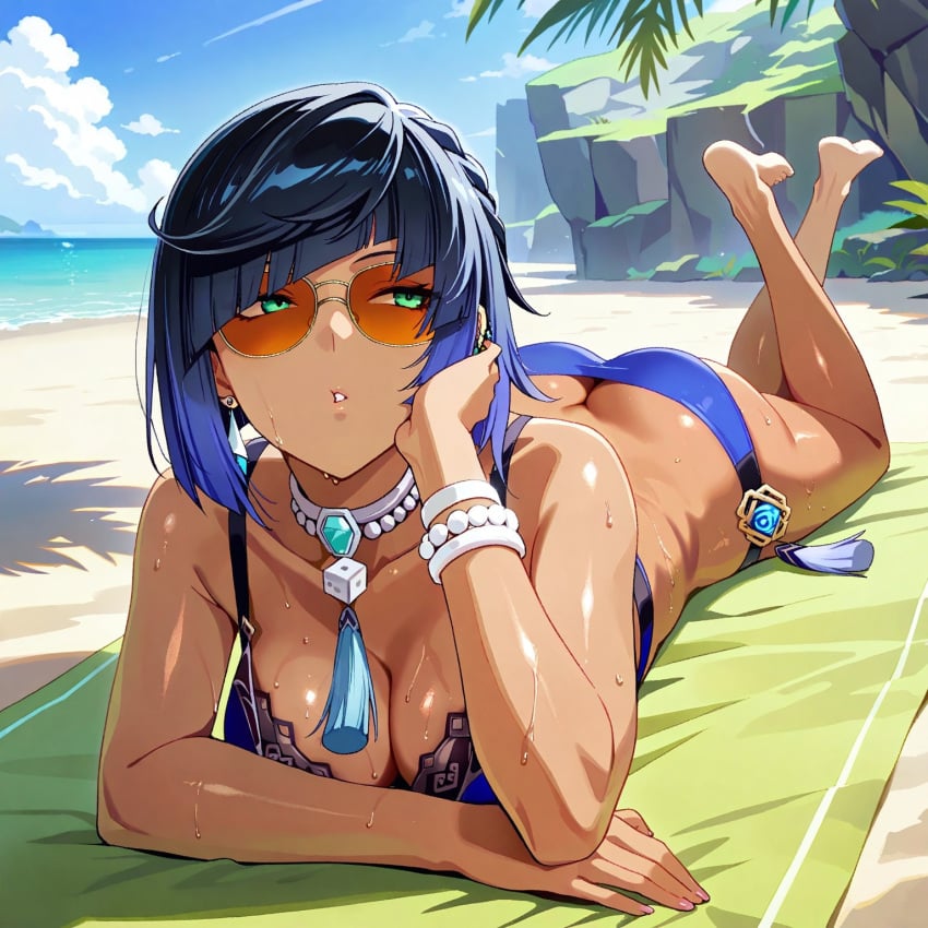 1girls ai_generated ass_cleavage beach beach_towel black_hair blue_bra blue_hair blue_panties bracelet butt_crack earrings green_eyes hands_on_head legs_crossed legs_together lying lying_on_stomach multicolored_hair necklace ocean outdoors palm_tree sand sunbathing sunglasses sunny sweat tan_body tanned tanned_female tanned_skin tinted_eyewear vision_(genshin_impact) yelan_(genshin_impact)