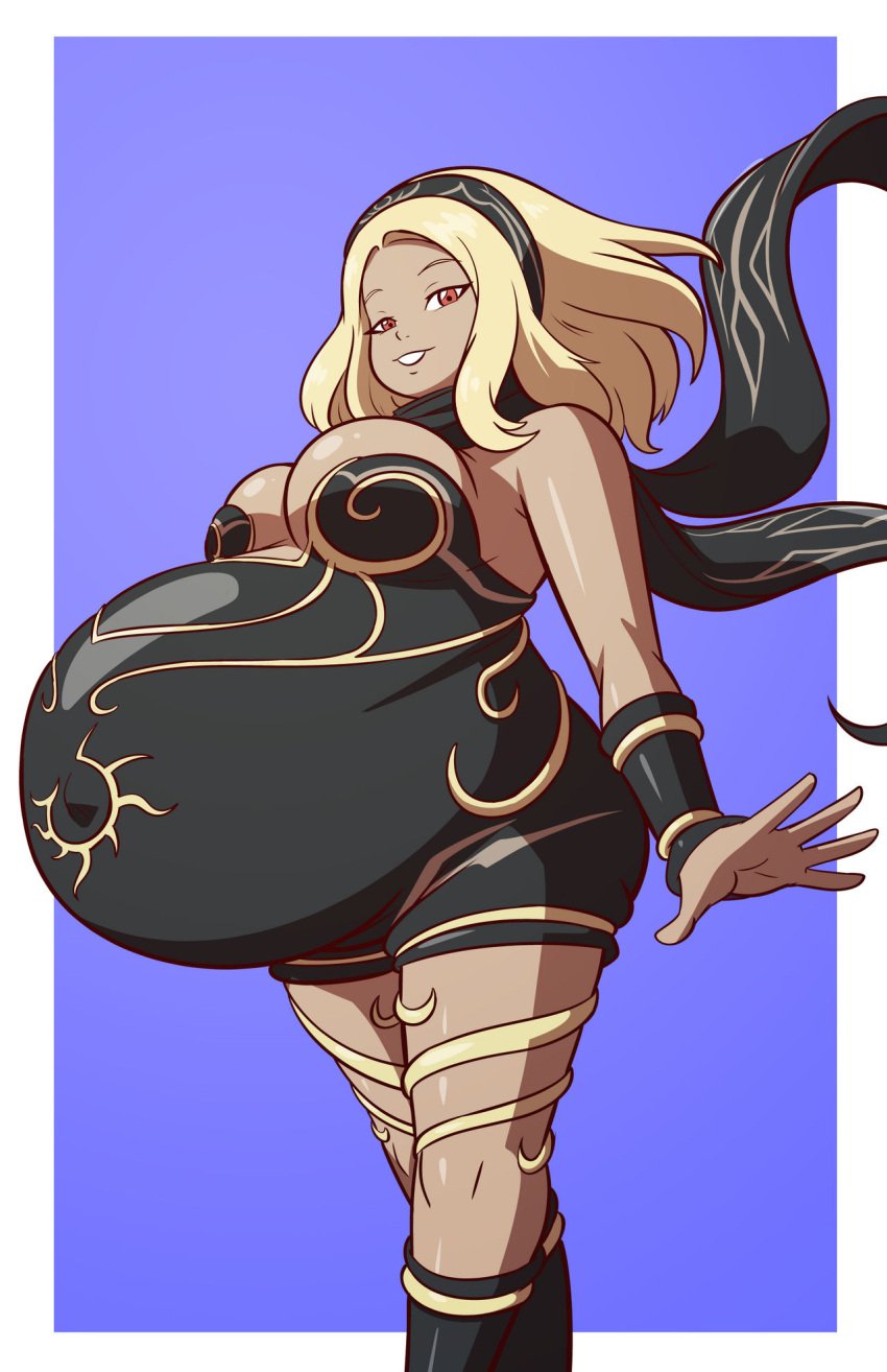 axel-rosered belly_bulge big_belly big_breasts cleavage dark-skinned_female gravity_rush huge_belly hyper_belly hyper_pregnancy kat_(gravity_rush) pregnant pregnant_belly