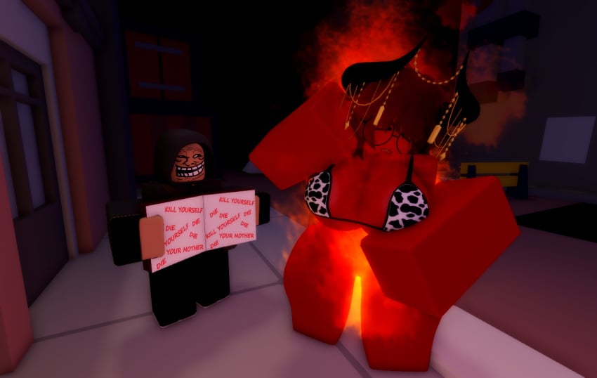 bikini bikini_bottom bikini_top book breasts burning casting_spell cry_of_fear curse cursed_item demon female fire horns human hurt_expression magic male ravenuwu roblox self_upload simon_henriksson