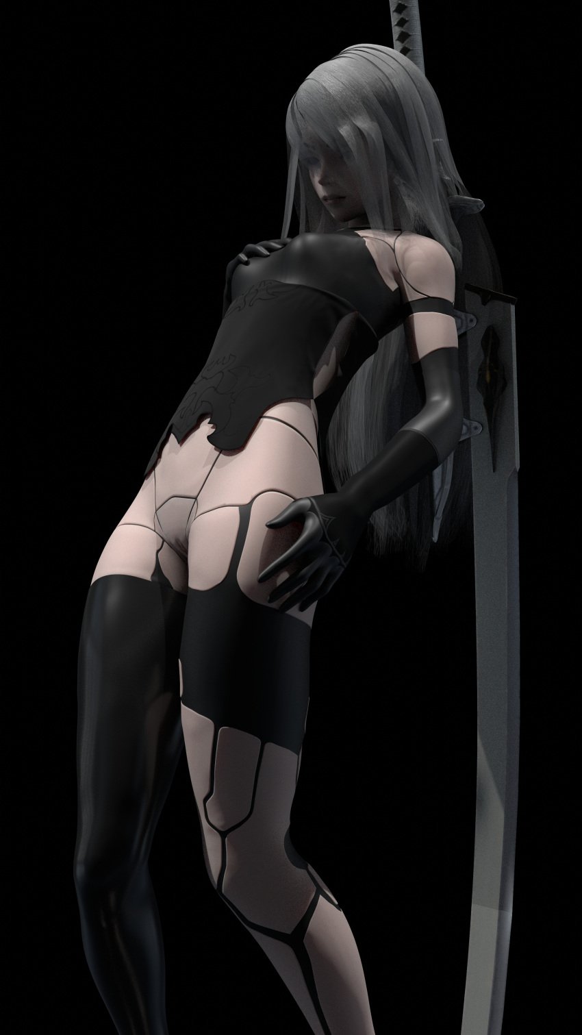 1girls 3d android android_girl blue_eyes functionally_nude high_heel_boots latex nier nier:_automata nier_(series) no_pants silver_hair solo solo_female thigh_boots yorha_a2