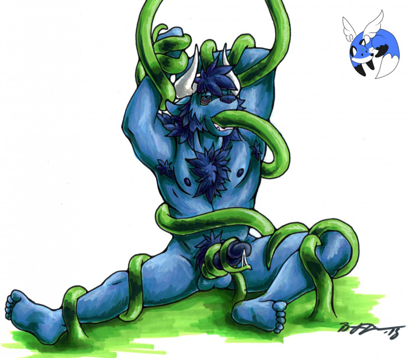 2018 anthro armpit_hair arms_tied balls beard biceps blue_hair blue_nipples blue_penis bodily_fluids body_hair bondage bondage bound chest_hair coiling coiling_around_arm coiling_around_leg coiling_around_torso demon dripping erection facial_hair feet forced foxfurries genital_fluids genitals hair hypnosis hypnotic_eyes male mind_control muscular nipples nude oral pecs penis precum precum_drip pubes simple_background sitting solo spread_legs spreading vine_bondage vine_in_mouth vinejob white_background