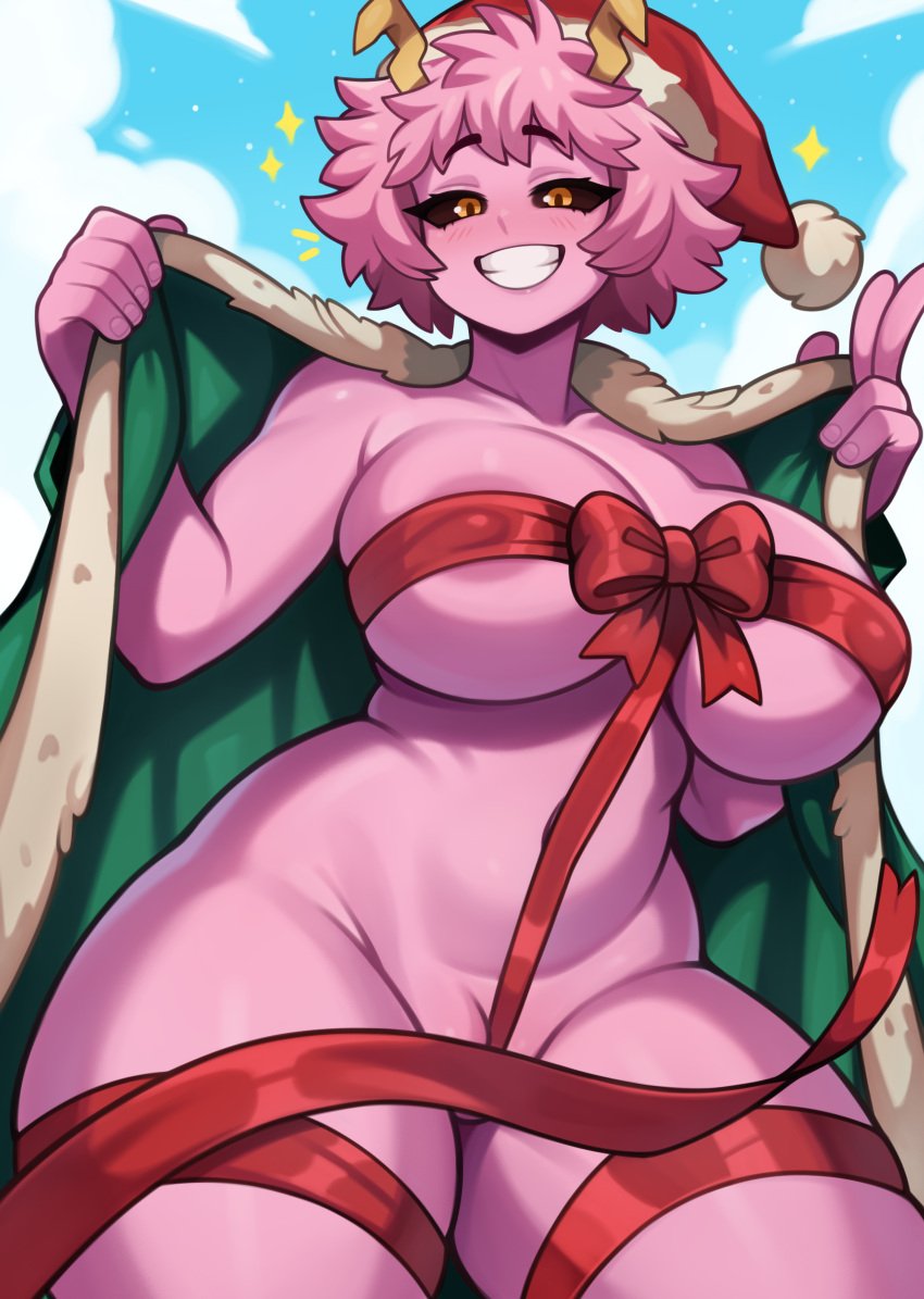 absurdres areola_slip ashido_mina black_sclera boku_no_hero_academia breasts colored_sclera colored_skin convenient_censoring female flashing grin hat highres horns large_breasts melonpuff pink_hair pink_skin santa_hat smile yellow_horns