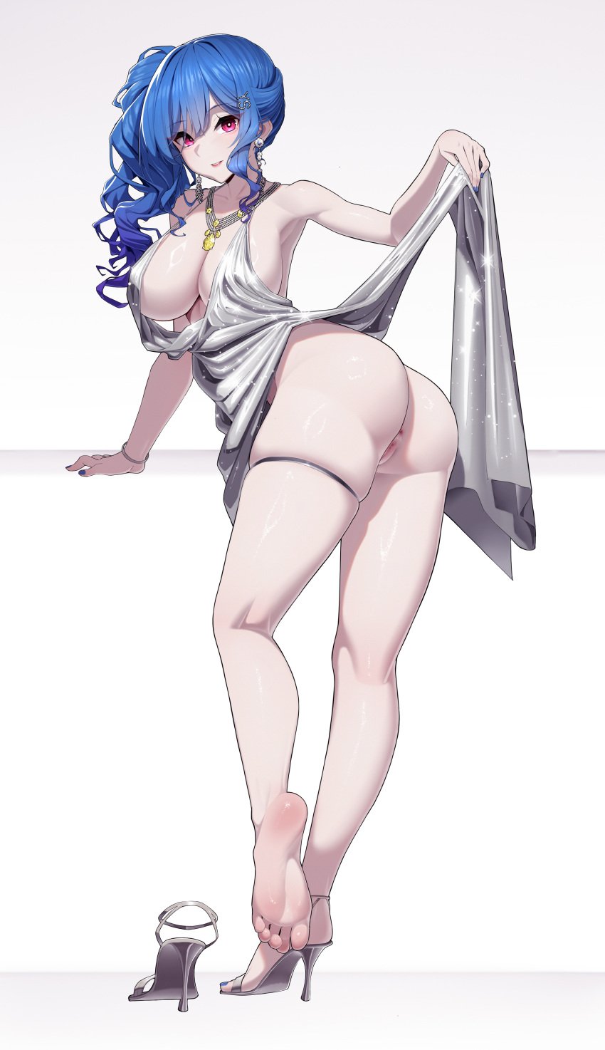 1girls absurdres anus ass azur_lane backless_dress backless_outfit blue_hair breasts censored cleavage clothes_lift commentary_request dress dress_lift eagle_union_(azur_lane) earrings evening_gown female full_body glitter_dress grey_dress grey_footwear high_heels highres jewelry kneepits large_breasts lifting_own_clothes light-skinned_female light_skin long_hair looking_at_viewer manzai_sugar mosaic_censoring necklace no_bra no_panties official_alternate_costume pussy red_eyes revealing_clothes side_ponytail silver_dress simple_background single_bare_foot skindentation smile soles solo st._louis_(azur_lane) st._louis_(luxurious_wheels)_(azur_lane) standing thigh_strap thighs wavy_hair white_background