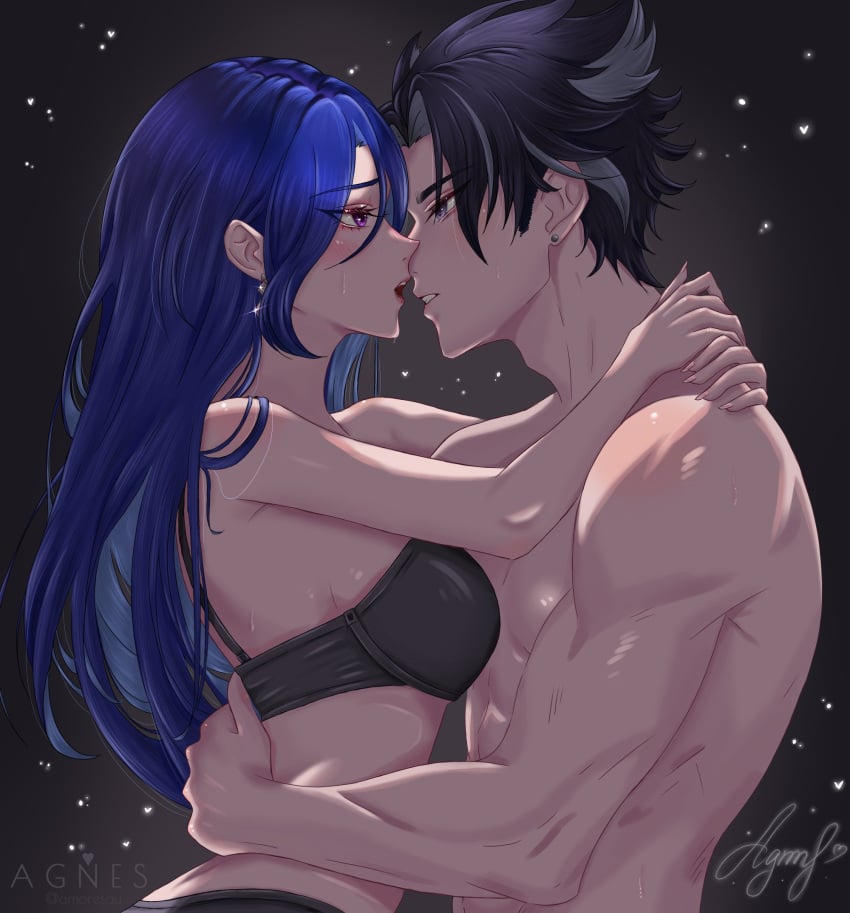 1boy 1girls black_hair blue_hair blush breasts clorinde_(genshin_impact) genshin_impact highlights_(coloring) hug inminent_kiss muscular muscular_male simple_background sweat wriothesley_(genshin_impact)