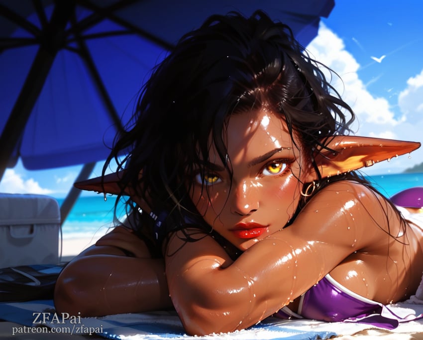 ai_generated beach black_hair breast_press dark-skinned_female goblin goblin_ears goblin_female looking_at_viewer nipple_bulge oc original_character pixie_cut shiny_skin small_breasts sunbathing swimsuit wet wet_skin wide_hips yellow_eyes zfapai zuzka_liklik