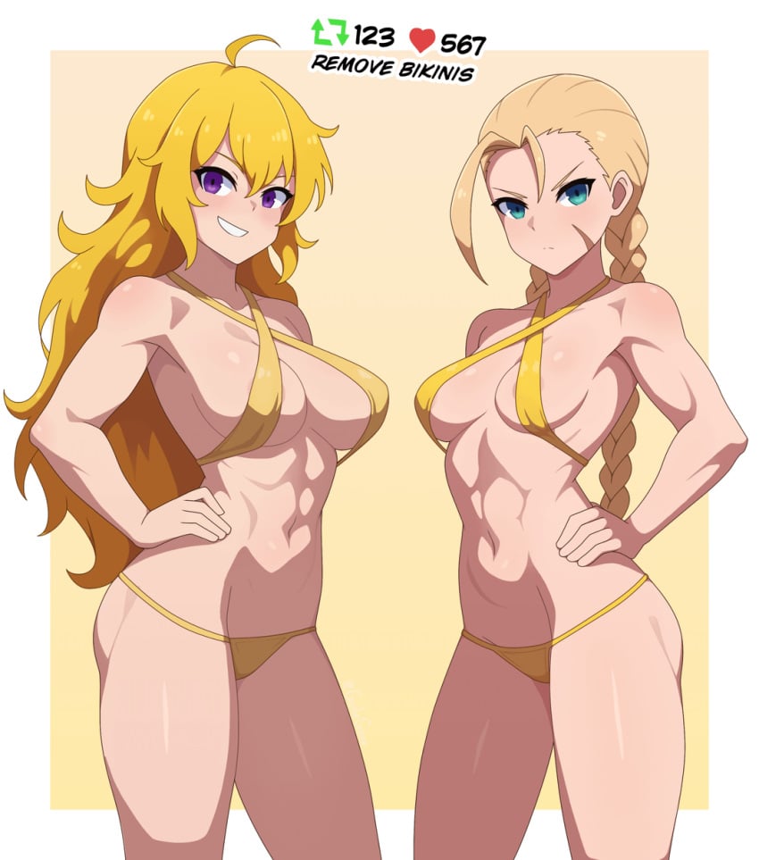 2girls abs big_breasts bikini bikini_bottom blonde_female blonde_hair blue_eyes braid braided_hair breasts cammy_white cammy_white_(street_fighter_6) crossover different_breast_sizes eastern_and_western_character female female_only guilegaze hands_on_hips large_breasts long_hair long_hair_female medium_breasts multiple_girls purple_eyes rwby scar_on_face street_fighter street_fighter_6 twin_braids twintails yang_xiao_long