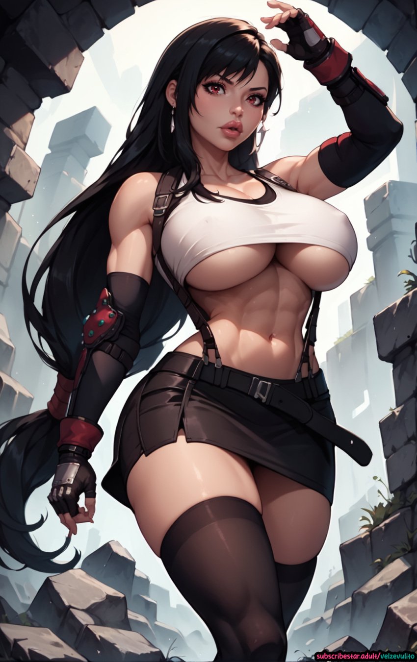 abs ai_generated asian asian_bimbo asian_female big_breasts big_lips bimbo bimbofication black_hair hourglass_figure midriff paag skirt stockings thighhighs tifa_lockhart underboob velzevulito voluptuous voluptuous_female wide_hips