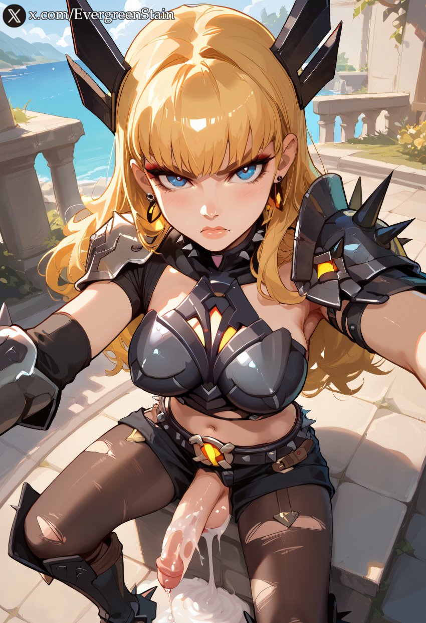 after_orgasm ai_generated angry angry_face armor blonde_hair blue_eyes cum cum_pool cum_puddle evergreen_stain futanari half-erect looking_at_viewer magik_(illyana_rasputin) magik_(marvel_rivals) magik_(x-men) marvel marvel_rivals selfie sitting