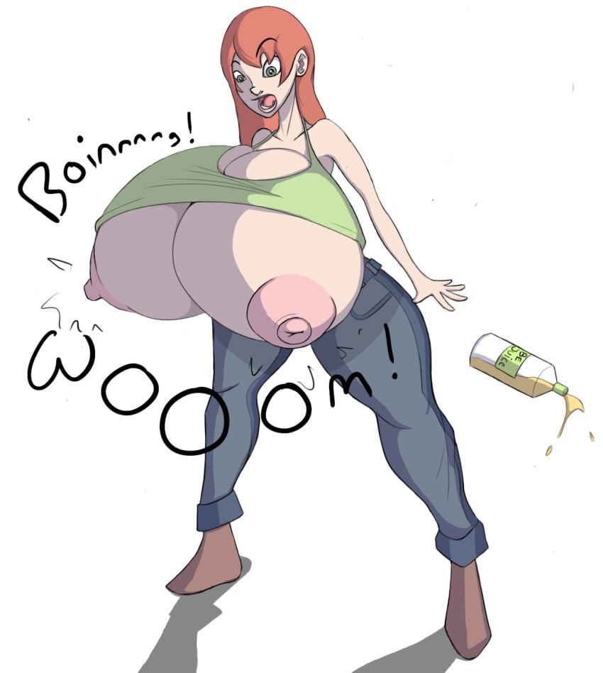 1girls areolae bottle breast_expansion breasts darkib female female_focus female_only green_eyes hips hyper hyper_breasts juice large_breasts nipple open_mouth red_hair shocked shocked_expression tank_top thighs wardrobe_malfunction