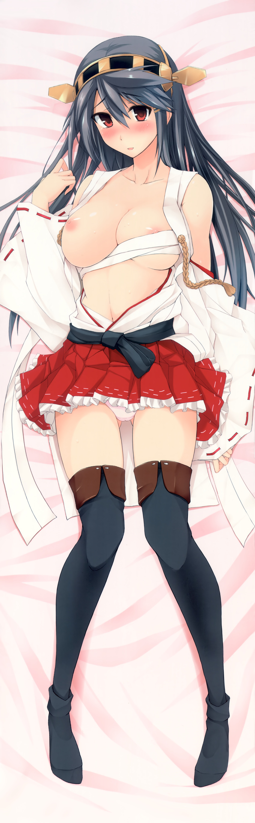 absurdres bed bed_sheet black_hair black_legwear blush breasts dakimakura female from_above full_body haruna_(kantai_collection) headpiece highres huge_filesize japanese_clothes kantai_collection kimono large_breasts legs looking_at_viewer lying nipples nontraditional_miko on_back on_bed on_stomach open_clothes open_kimono panties pink_panties red_eyes sarashi skirt solo thighhighs underwear zekkyon