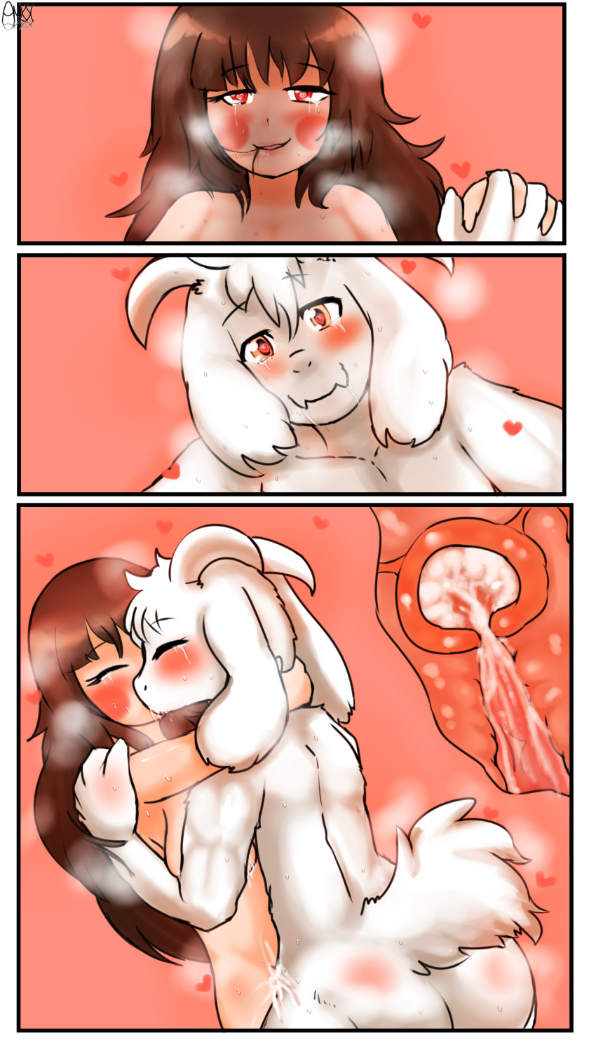 1boy 1girls 2d anthro anthro_on_human anthro_penetrating_human asriel_dreemurr boss_monster caprine chara cum cum_inside female female_human femsub goat human human_female kissing lactation male/female male_anthro male_anthro/female_human maledom mammal reunion_sex sex straight undertale undertale_(series) video_games wholesome wonkake