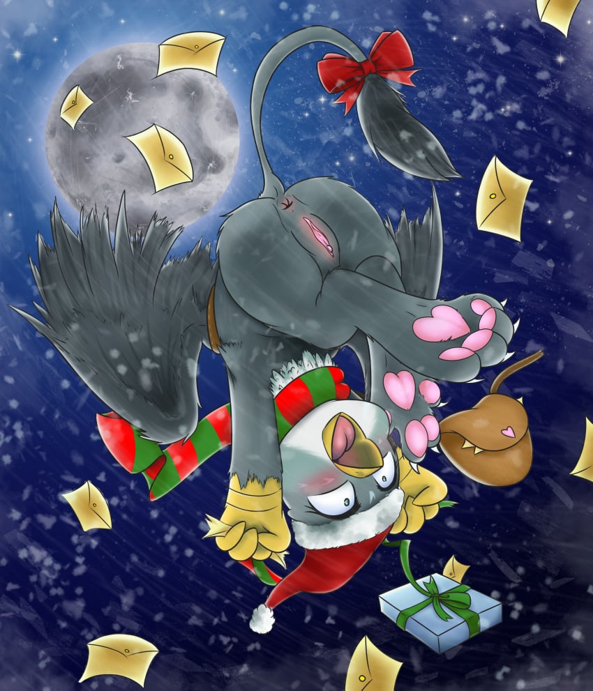 absurd_res anus ass avian beak christmas envelope feathered_wings feathers female feral friendship_is_magic full_moon fur gabby_(mlp) gift gryphon hat hi_res holidays mailbag monanniverse moon my_little_pony outside paws pussy santa_hat scarf snow solo tongue wings