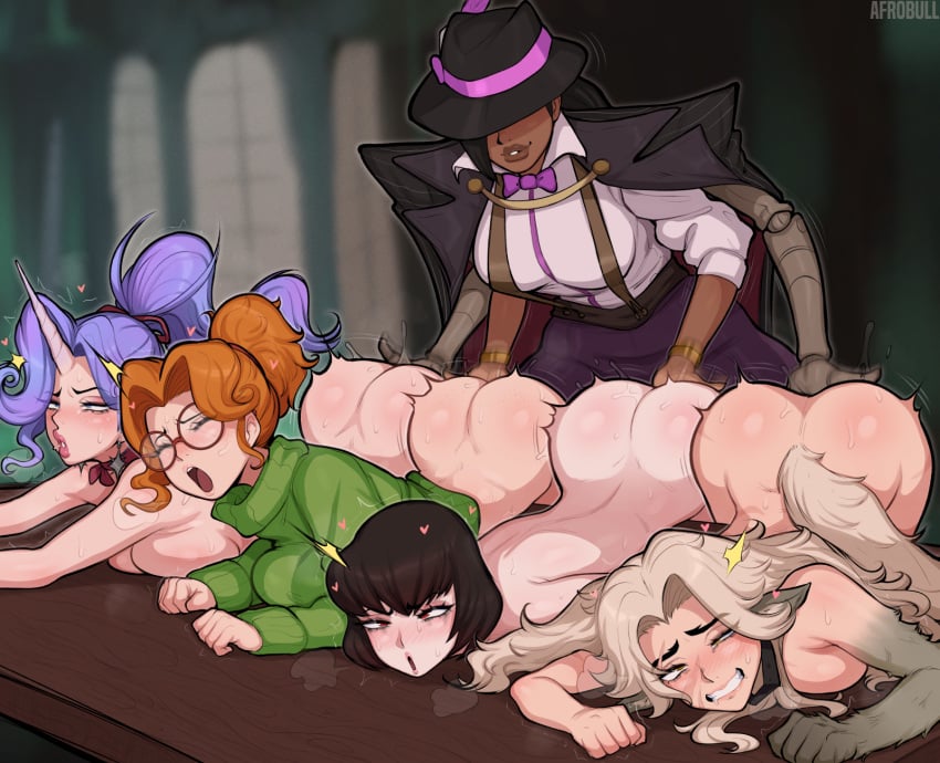 5girls afrobull ass ass_up black_hair blonde_hair bowtie celeste_(deadlock) coat_on_shoulders deadlock fingering glasses lavender_hair lesbian_sex lined_up mechanical_arms mina_(deadlock) orange_hair paige_(deadlock) patreon silver_(deadlock) suspenders unicorn unicorn_girl unicorn_horn unicorn_humanoid valve_(company) vampire vampire_girl werewolf werewolf_girl wolf_girl wraith_(deadlock) yuri