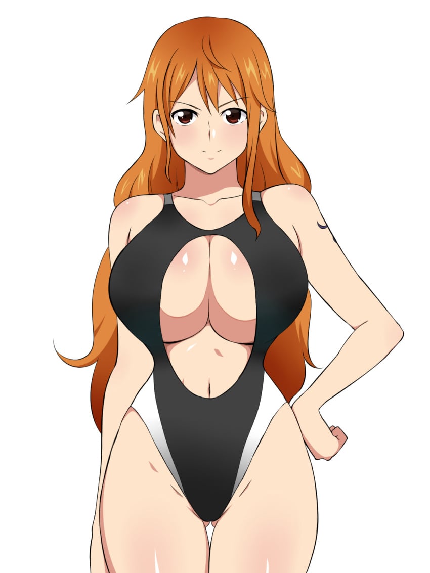 1girls belly big_breasts bimbo breasts cleavage covered_breasts female female_only high_resolution hips hourglass_figure kagemusha large_breasts legs leotard long_hair nami one_piece orange_hair simple_background solo swimsuit tattoo thighs white_background