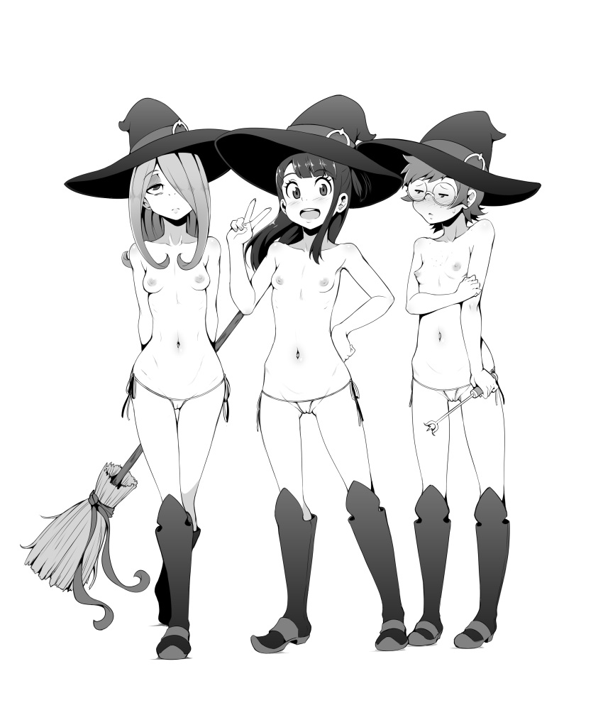 3girls akko_kagari annoyed atsuko_kagari bikini blush breasts broom cameltoe dark_circles ghettoyouth glasses greyscale groin kagari_atsuko little_witch_academia lotte_yansson micro_bikini monochrome multiple_girls navel nipples petite simple_background small_breasts smile straight_hair studio_trigger sucy_manbavaran thigh_gap topless v witch witch_hat young