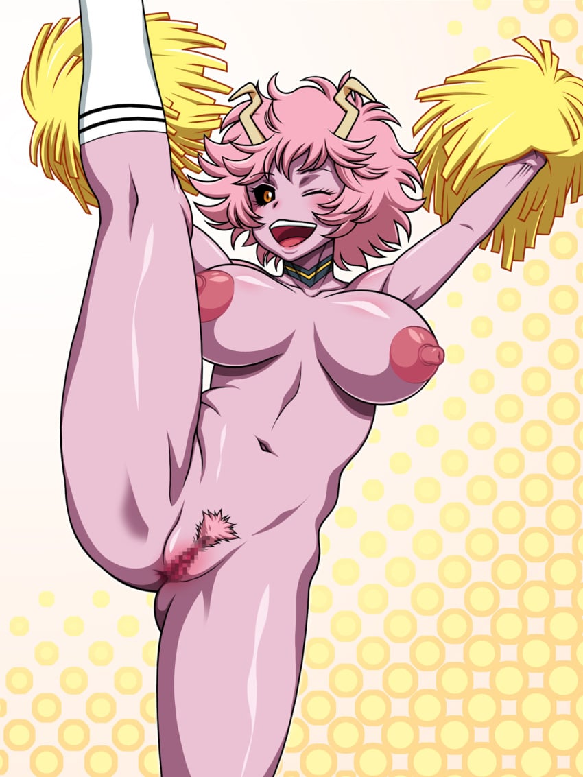 1girls areolae breasts censored cheerleader female female_only garou_damenade high_kick horns large_breasts mina_ashido my_hero_academia nude open_mouth pink_hair pink_skin pom_poms pubic_hair purple_skin pussy solo standing standing_on_one_leg vagina wink yellow_eyes