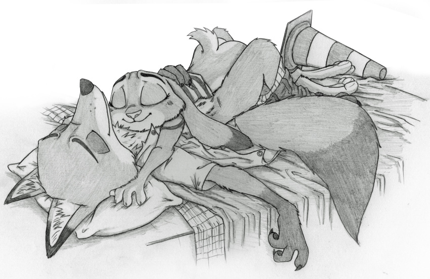 black_and_white bottomless clothing disney furry in_bed judy_hopps monochrome nick_wilde sleeping straight ziegelzeig zootopia