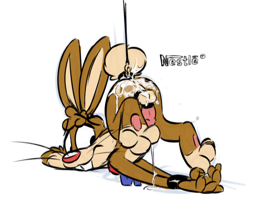 anthro bondage bound buckteeth cum cum_from_ass cum_leaking cum_on_balls cum_on_leg erection feet hands-free ishoka lagomorph logo male male_only mammal messy nesquik nesquik_bunny nestle orgasm pawpads penis rabbit simple_background solo teeth testicles whiskers