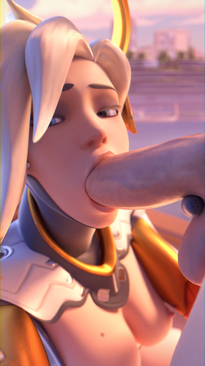 3d areolae balls blender blonde_hair breasts duo exposed_breasts faceless_male fellatio female functionally_nude highres huge_cock human looking_at_viewer male medium_breasts mercy mole mole_on_breast nipples oral overwatch penis solo_focus straight yeero