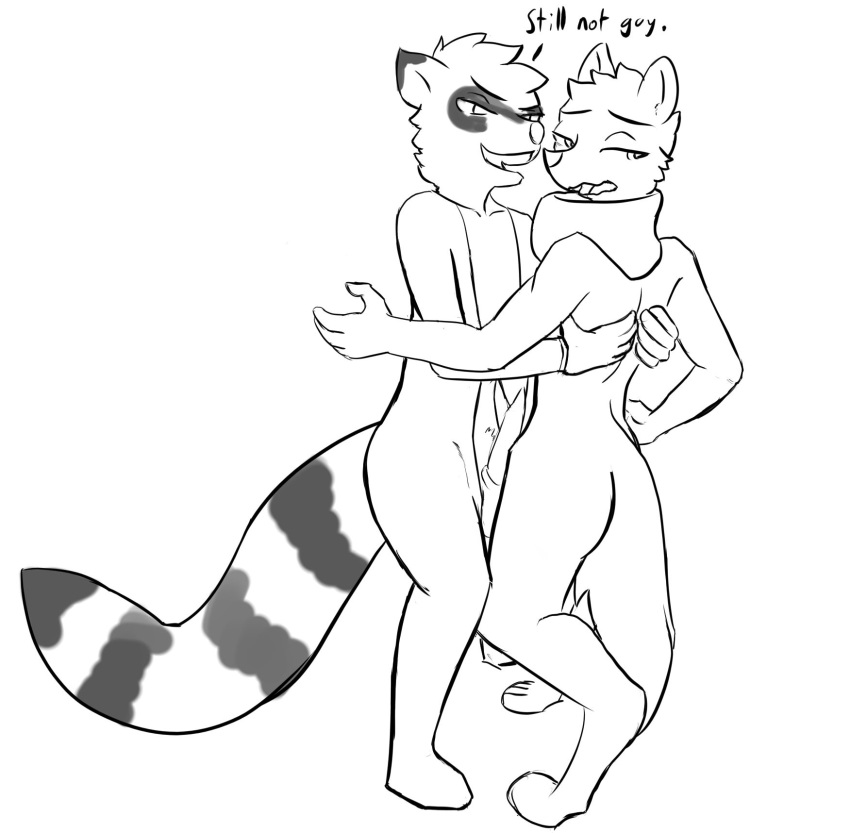 /fur/ 8chan anonymous_artist anthro bushy_(8chan) canine dialogue digitigrade duo eye_markings fox furry male mammal markings nate_(8chan) penis plantigrade raccoon scarf standing striped_tail stripes swordfighting tapering_penis yaoi