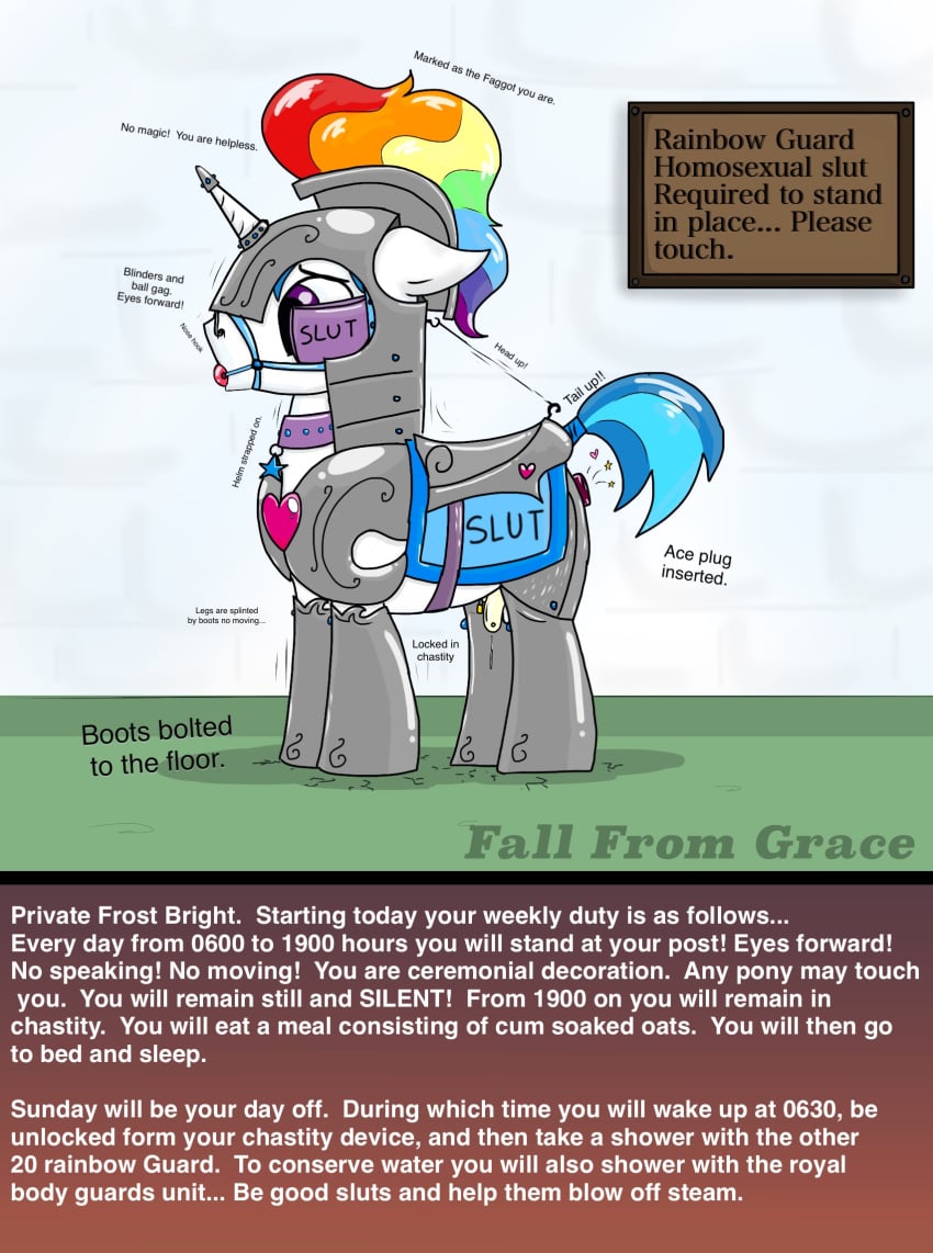 armor ball_gag blinders bondage bound buttplug chastity chastity_cage chastity_device collar equine eyewear fan_character friendship_is_magic furry gag helmet horn horse killian_joy male male_chastity mammal my_little_pony nose_hook pony sex_toy story