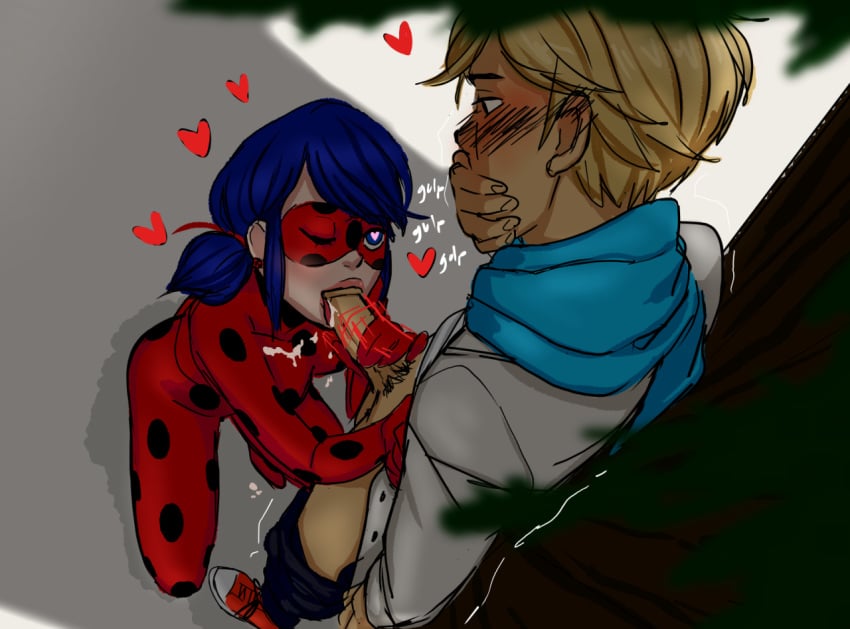 1boy 1girls adrien_agreste adrienette black_hair blonde_hair blowjob blue_eyes costume cum_in_mouth cum_swallow fellatio female handjob ladybug_(character) marinette_cheng marinette_dupain-cheng mask miraculous_ladybug oral oral_sex outdoors tied_hair unknown_artist