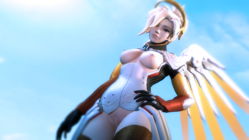 3d breasts caflaa female hand_on_hip mercy nipples no_panties overwatch pussy solo standing