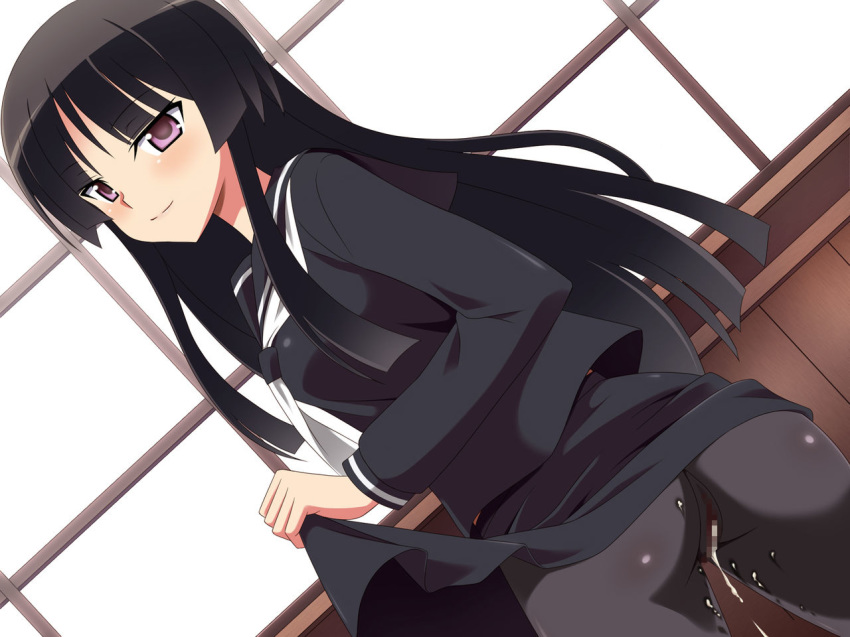 after_sex ass black_hair censored clothed clothes cum cum_in_pussy cum_under_clothes cum_wearing cumdrip female fully_clothed long_hair miyamaya no_panties pantyhose purple_eyes school_uniform schoolgirl seifuku serafuku smile solo violet_eyes