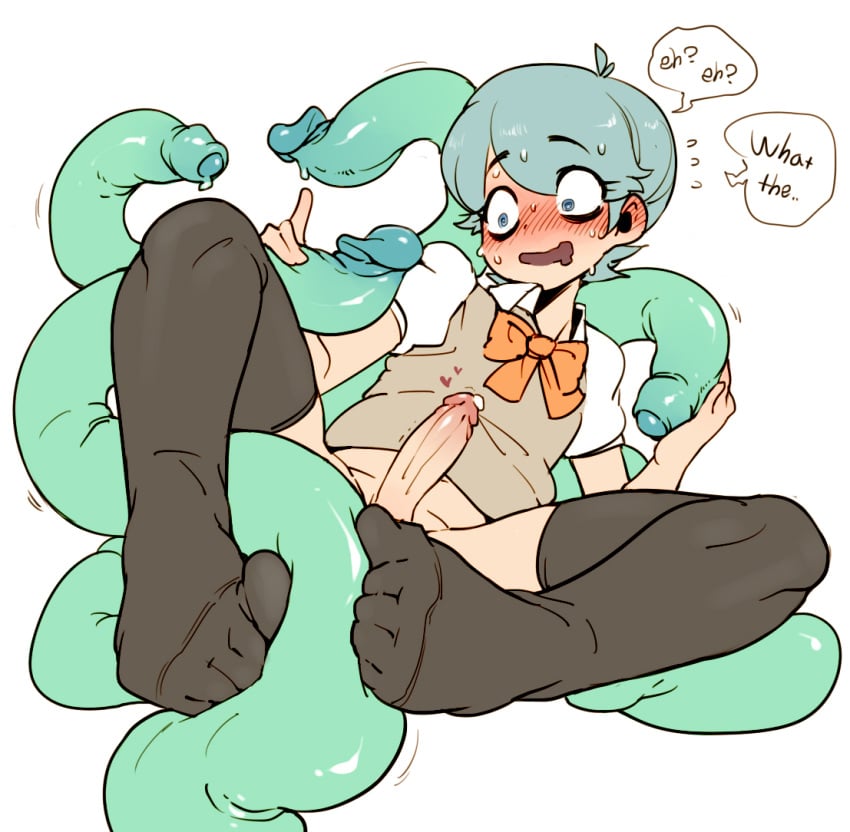 1boy @_@ androgynous blue_eyes blush bottomless constricted_pupils docu_(tentacle) doppel doppel_(pixiv) erection eyebrows_visible_through_hair eyelashes feet femboy footjob footjob_with_legwear foreskin girly green_hair male male_focus male_only medium_penis original penis precum saliva school_uniform socks solo sweat tentacle tentacles_on_male tentacles_on_trap text_focus thighhighs toe_socks toes trap uncensored white_background