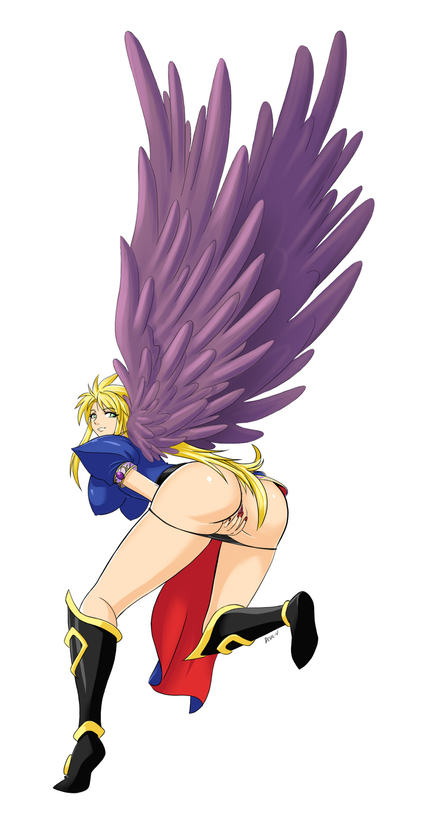 absurdres ass between_legs black_panties blonde_hair boots breasts breath_of_fire breath_of_fire_ii capcom clothing covered_nipples devil-v dress female green_eyes hand_between_legs highres large_breasts long_hair long_legs looking_back nail_polish nina_(breath_of_fire_ii) panties payot purple_wings pussy red_nails simple_background smile solo taut_dress tight_clothes white_background wings