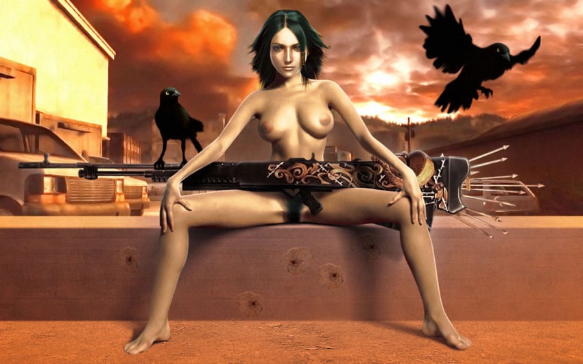 alicia_(bullet_witch) alicia_claus bird breasts bullet_witch car gun mole nipples nude pubic_hair spread_legs sunset weapon