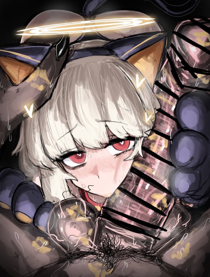 1boy 1girl alternate_costume animal_collar animal_ears animal_hands aoba_(blue_archive) ass blonde_hair blue_archive blush cat_ears cat_paws cat_tail cheek_press collar commentary_request dark-skinned_male dark_skin erection fake_animal_ears fake_tail fellatio gloves halo hand_on_another's_head heart heart-shaped_pupils hetero highres huge_penis kissing_penis large_penis licking licking_penis lipstick_mark lipstick_mark_on_penis looking_at_viewer maabo_harusame male_pubic_hair oral paw_gloves penis penis_on_face pet_play pov pov_crotch pov_hands pubic_hair red_eyes saliva solo_focus sweat symbol-shaped_pupils tail veins veiny_penis yellow_halo