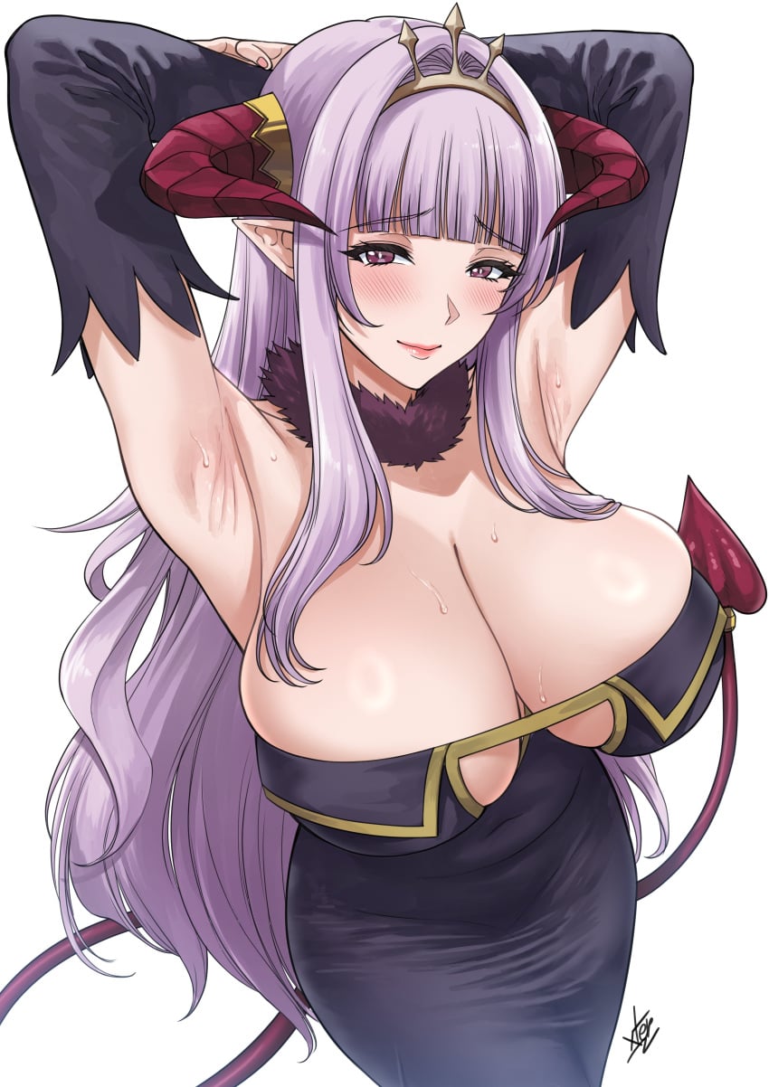 1girl absurdres armpits arms_behind_head arms_up bare_shoulders black_dress blush breasts bridal_gauntlets bright_pupils cleavage cleavage_cutout clothing_cutout demon_girl demon_horns demon_tail dress fur_collar hair_intakes highres horns huge_breasts kanan-sama_wa_akumade_choroi light_smile lillum_(kanan-sama) long_hair looking_at_viewer narrowed_eyes pink_eyes pointy_ears purple_hair raised_eyebrows red_horns red_tail sidelocks signature simple_background slit_pupils solo sweatdrop tail tiara tight_clothes tight_dress white_background xter
