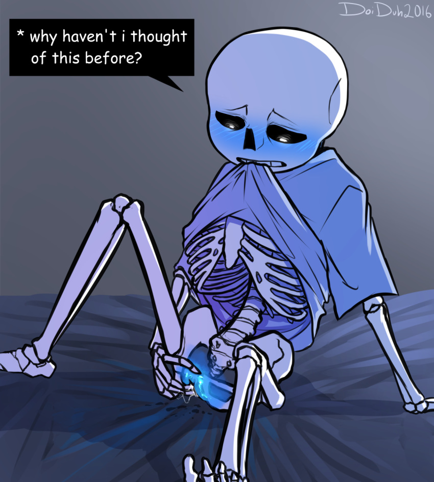 2016 animated_skeleton bed biting_clothes biting_shirt blue_blush blue_pussy blush bottomless comic_sans doiduh ectopussy english_text fingering fingering_self gradient_background grey_background masturbation on_bed pussy sans shirt_only shirt_up sitting sitting_on_bed skeleton text undertale vaginal_masturbation