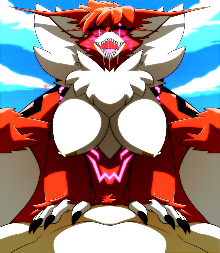 breasts cross-shaped_pupils digimon digimon_adventure_tri. drooling fangs female female furry large_breasts meicrackmon neon_trim nipples open_mouth red_eyes sex sharp_nails vaginal_penetration