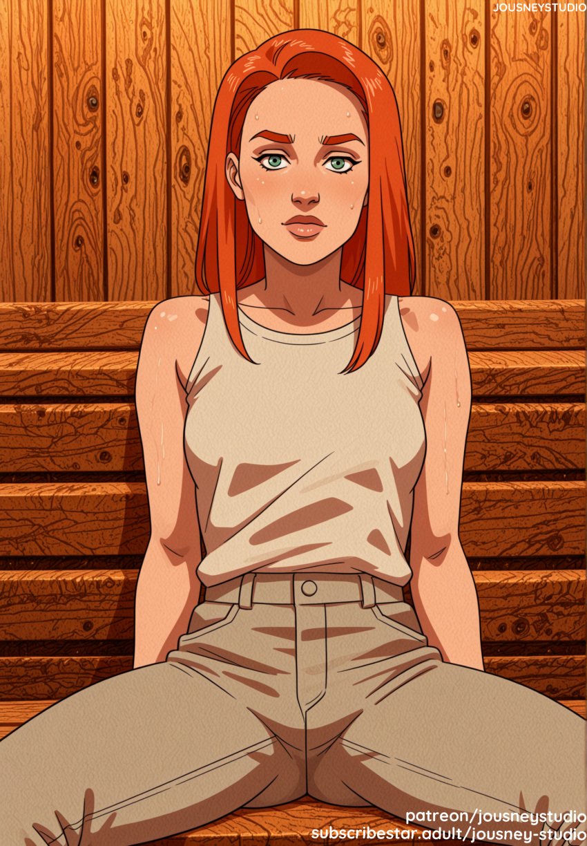 ai_generated atom_eve bangs bare_arms bare_shoulders belt blush breasts closed_mouth clothing collarbone denim female female female_only freckles green_eyes indoors invincible invincible_(comics) invincible_(tv_series) jeans jousneystudio lips long_hair looking_at_viewer medium_breasts orange_hair pants red_hair shirt sitting sleeveless sleeveless_shirt solo spread_legs sweat tank_top thick_eyebrows white_shirt
