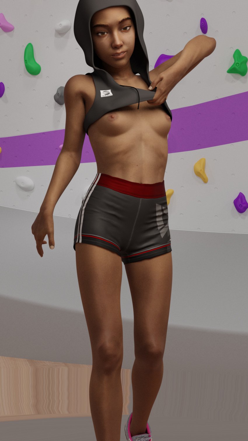 1girls 3d 3d_(artwork) 3d_model 3d_render areolae bare_thighs breasts breasts_out brown_eyes clementine_(the_walking_dead) clothed clothing dark-skinned_female dark_skin erect_nipples female female_focus female_only flashing flashing_breasts hood hood_up kawaiidetectiveenthusiast lifting_shirt nipples petite pose posing shoes shorts slim slim_waist small_breasts standing tank_top the_walking_dead the_walking_dead_game thighs toned toned_female workout_clothes