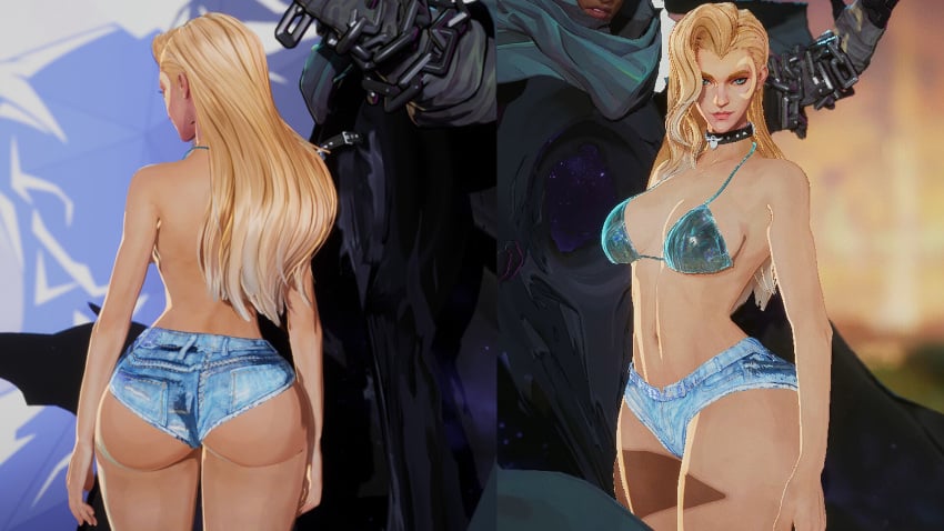1boy 1girls 3d ass back_view backless big_ass blonde_eyebrows blonde_female blonde_hair blue_eyes bra breasts cloak_(marvel_rivals) closed_mouth closed_mouth_smile collar crescent_moon_(marking) dagger_(marvel_rivals) daisy_dukes dark-skinned_male fair-skinned_female flexyy352 lips long_hair looking_at_viewer marvel marvel_rivals mod short_shorts shorts sideboob smile tandy_bowen tattoo thick_thighs tyrone_johnson white_body