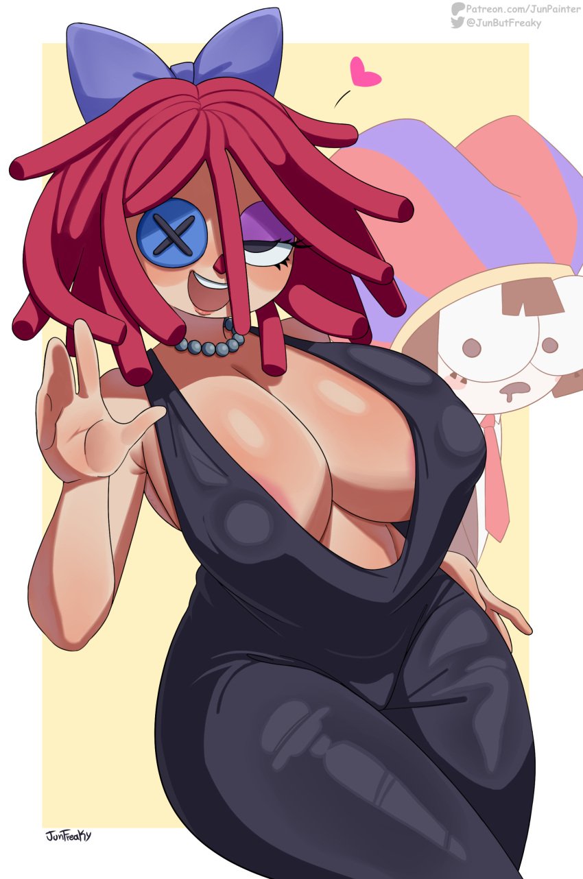 2girls bare_arms bare_legs bare_shoulders bare_thighs big_ass big_breasts big_butt cleavage clothed clothing color deep_cleavage dress female female_focus female_only hi_res junfreaky large_breasts light-skinned_female light_skin nipples ragatha_(the_amazing_digital_circus) red_hair short_hair solo_female tagme the_amazing_digital_circus thick_thighs