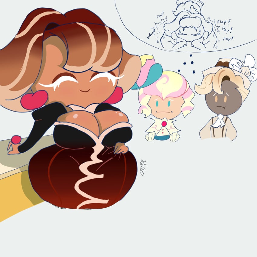 breasts chocolate_bonbon_cookie clothed clothed_female cookie_run huge_breasts lewd_thoughts pastel_meringue_cookie rexoacrylla sugar_coat_cookie tagme tagme_(character) voluptuous voluptuous_female