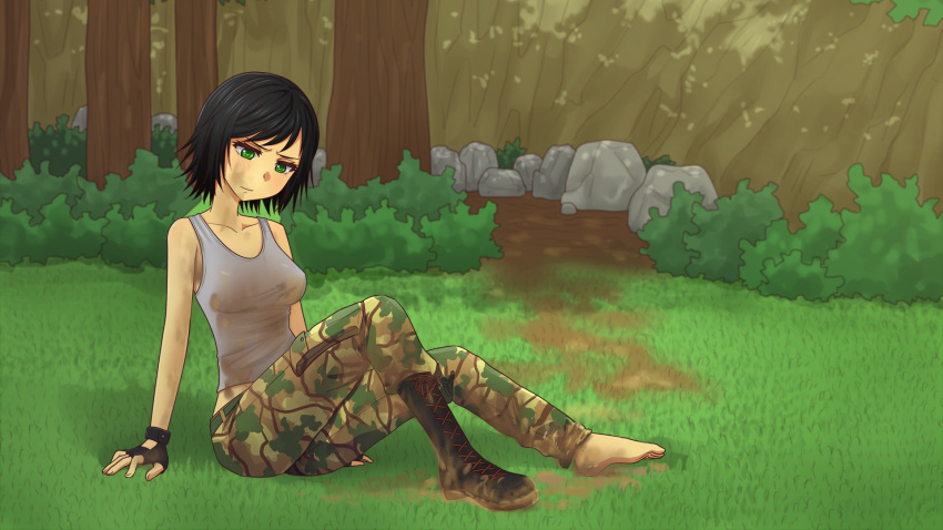 andrea_(army_gals) army_gals black_hair clothed dirty dirty_soles female green_eyes muddy outside