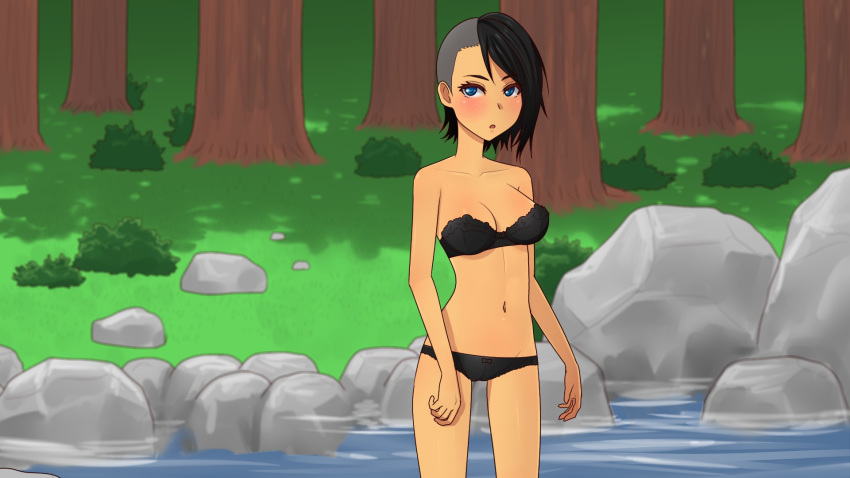 army_gals black_hair blue_eyes bra edda_(army_gals) female outside panties water