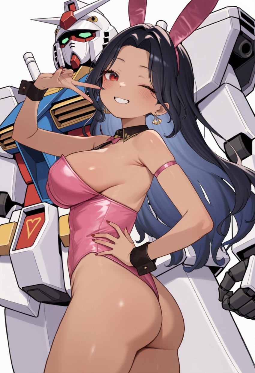 ai_generated ass blush brown_hair female gundam large_breasts mecha mobile_suit_gundam nijisanji nijisanji_en peace_sign pink_leotard playboy_bunny rabbit_ears red_eyes rx-78-2 scarle_yonaguni thighs v virtual_youtuber