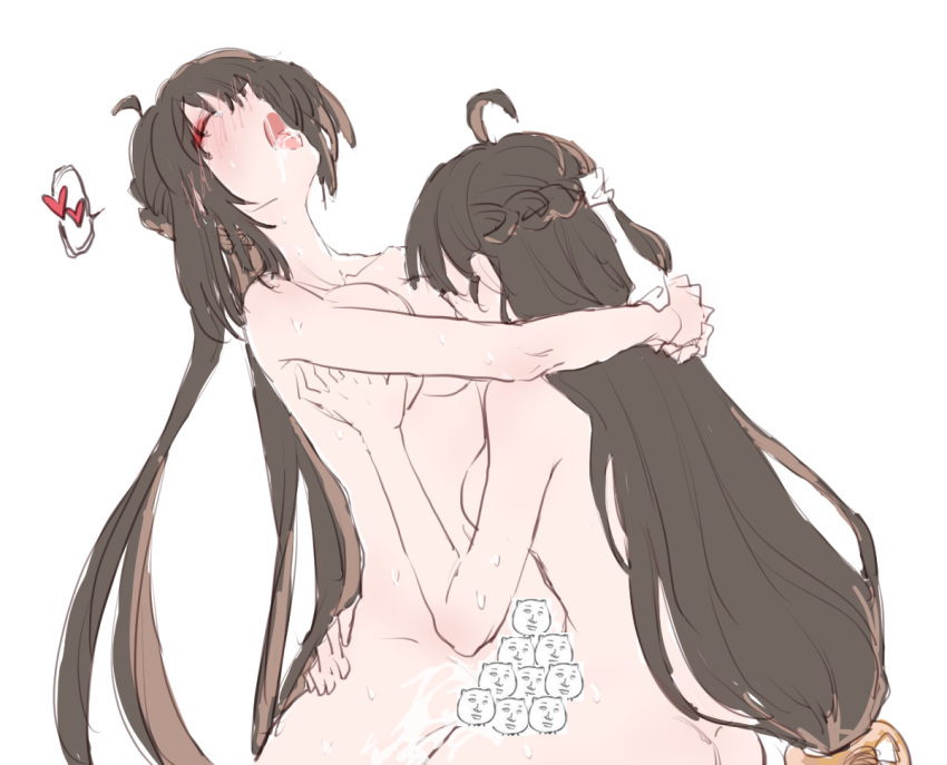 2girls ara_haan breast_grab breast_sucking breasts censored cum cumdrip elsword futanari grabbing heart hug intersex long_hair multiple_girls nude sakra_devanam_(elsword) selfcest sweat yama_raja_(elsword)