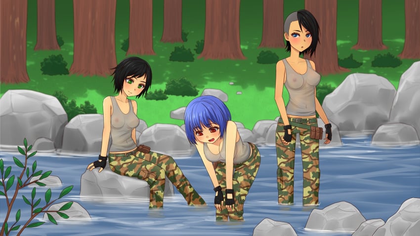 3girls andrea_(army_gals) army_gals black_hair blue_eyes blue_hair clothed edda_(army_gals) green_eyes multiple_girls nude raen_(army_gals) red_eyes water wet_t-shirt