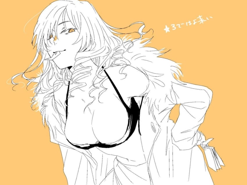 1girls big_breasts breasts busty cleavage coat confident drill_hair female female_only half-closed_eye hand_on_own_hip jacket japanese_text large_breasts leaning_forward looking_at_viewer medium_hair monochrome mouth_hold navel open_clothes open_coat oriana_thompson pose posing sarong seductive seductive_look seductive_smile smile solo tank_top to_aru_majutsu_no_index translation_request voluptuous